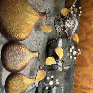 Vintage Mid Century Modern Brass and Copper Eucalyptus Leaves Wall Sculpture